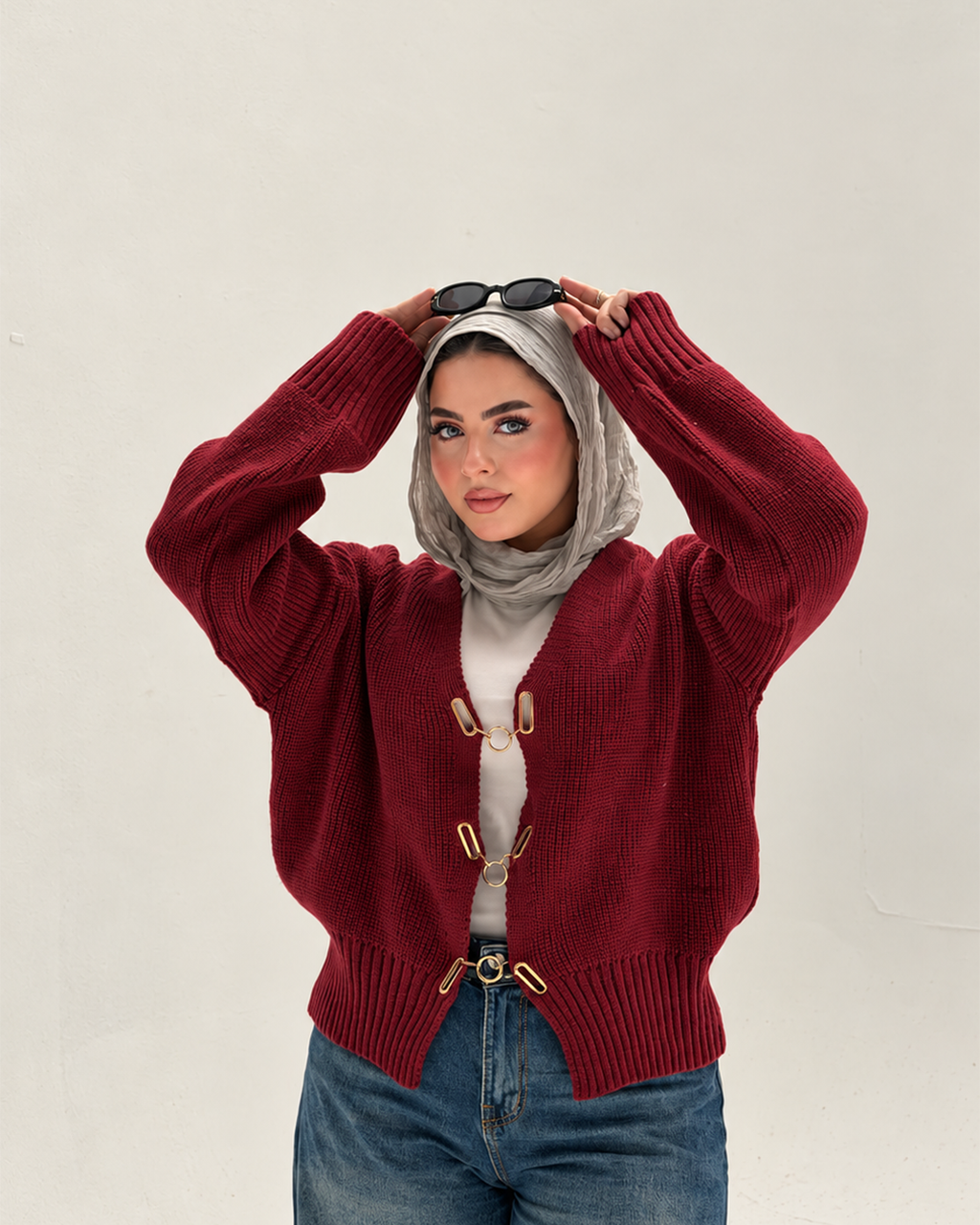 Chunky Knit Cardigan with Gold Clasps