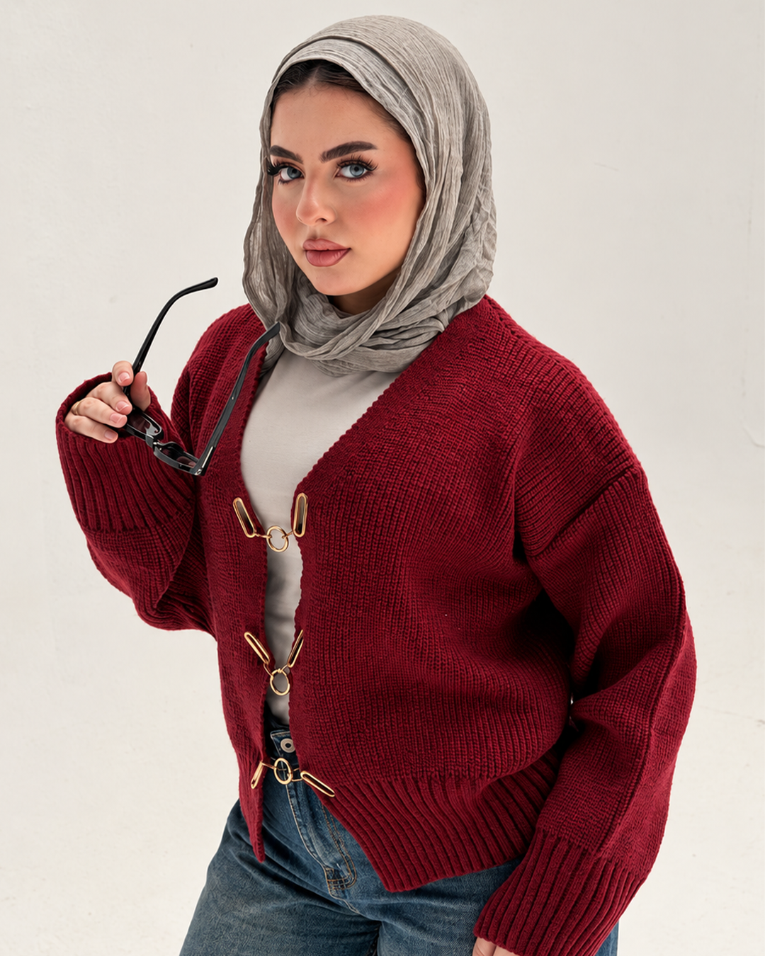 Chunky Knit Cardigan with Gold Clasps