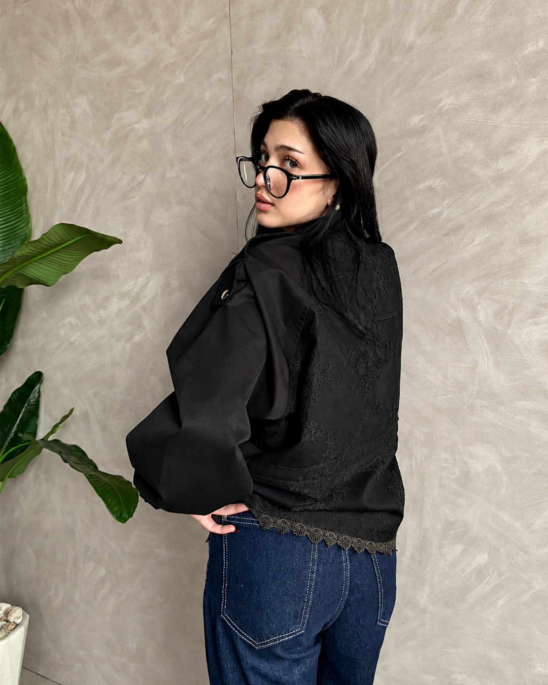 Gabardine Jacket with Floral Lace