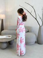 Floral Pleated Long-Sleeve Dress