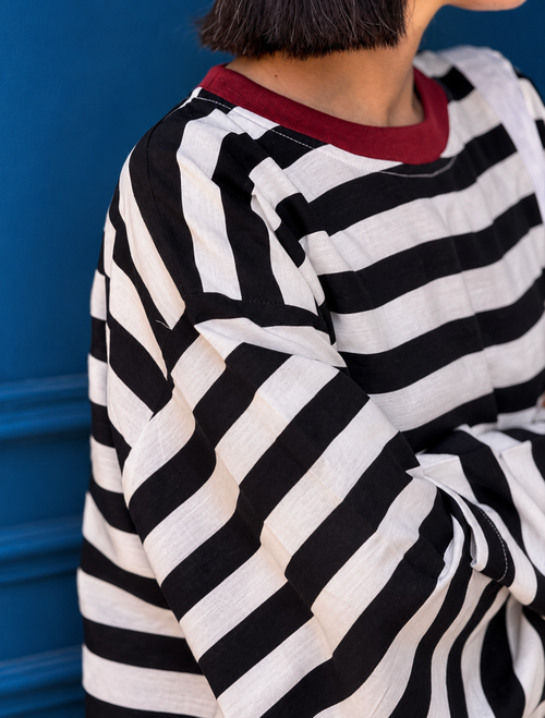 Bold Stripe Contrast-Neck Cotton Tee