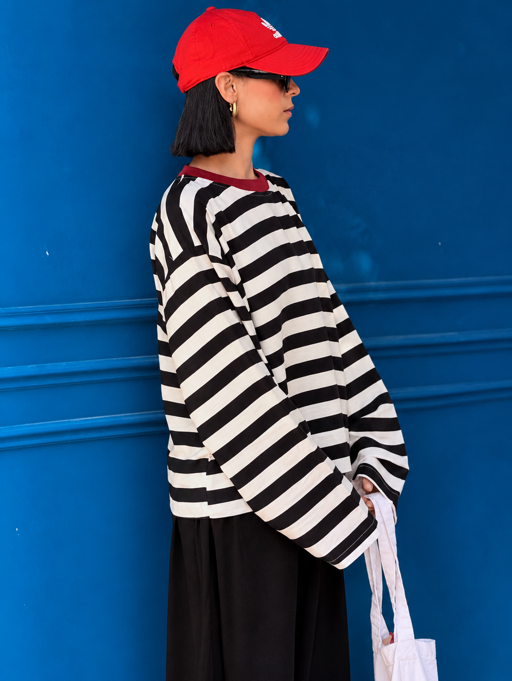 Bold Stripe Contrast-Neck Cotton Tee