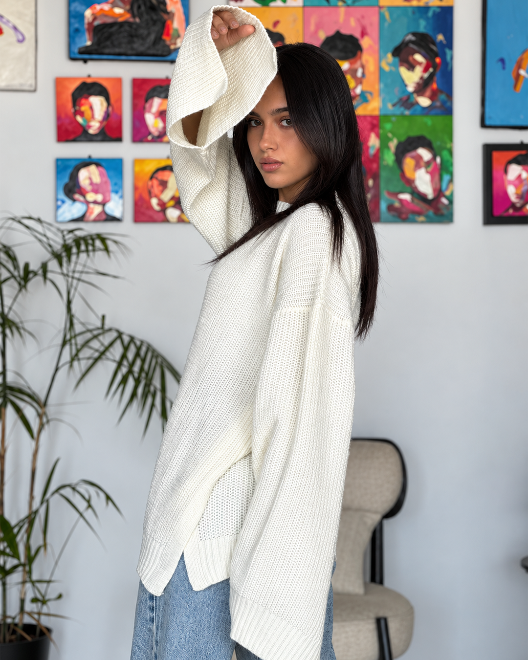 Oversized Ribbed Knit Bell Sleeve Sweater