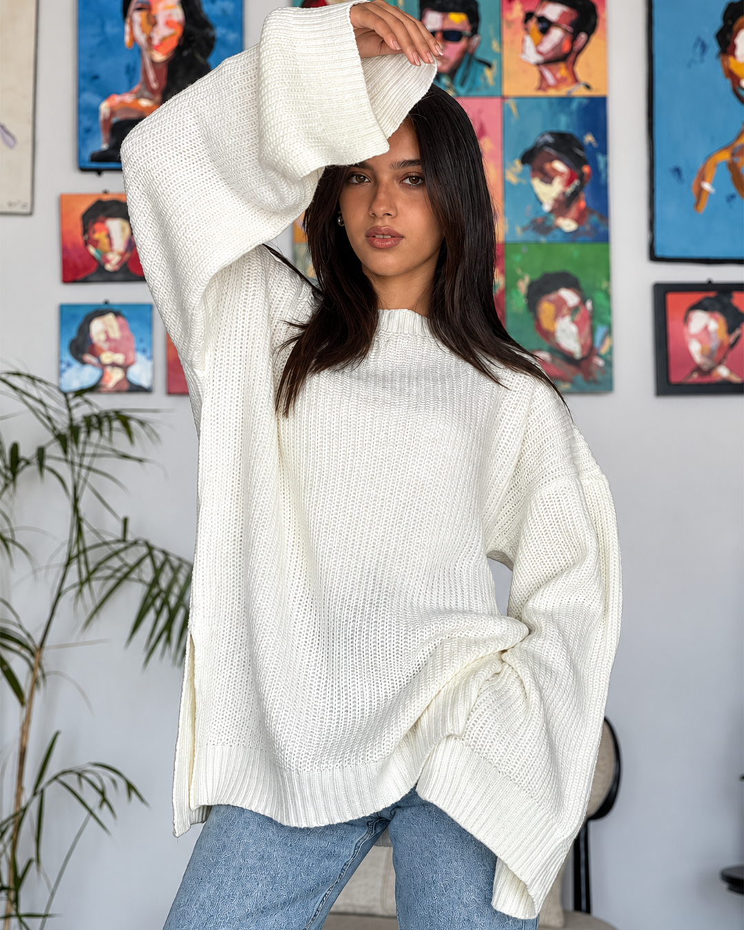 Oversized Ribbed Knit Bell Sleeve Sweater