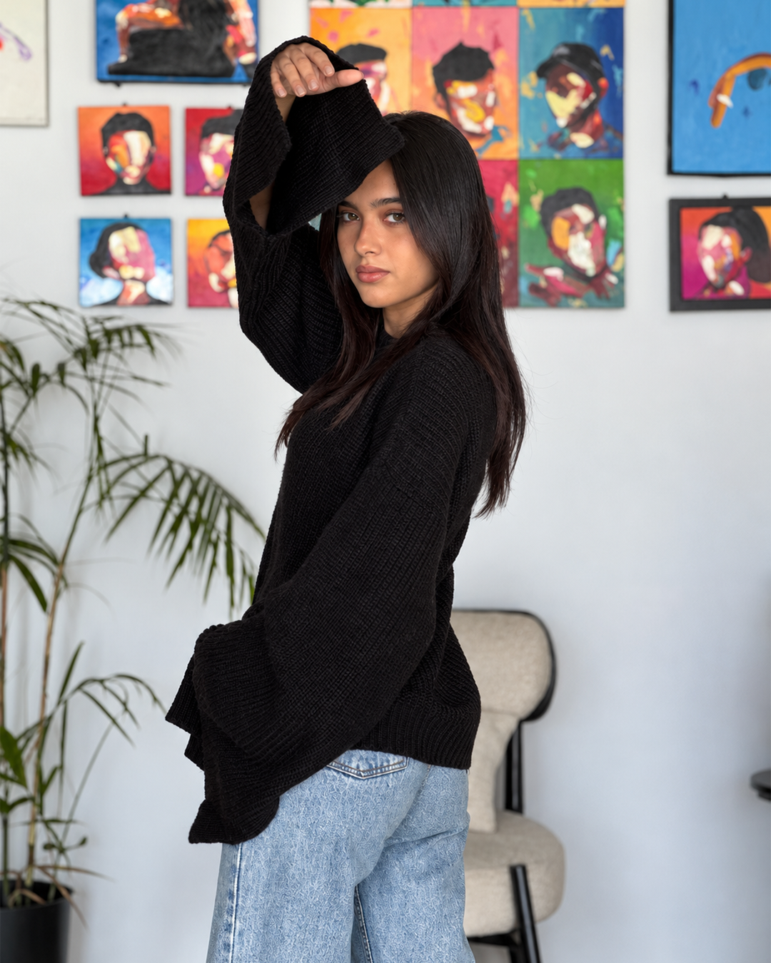 Oversized Ribbed Knit Bell Sleeve Sweater