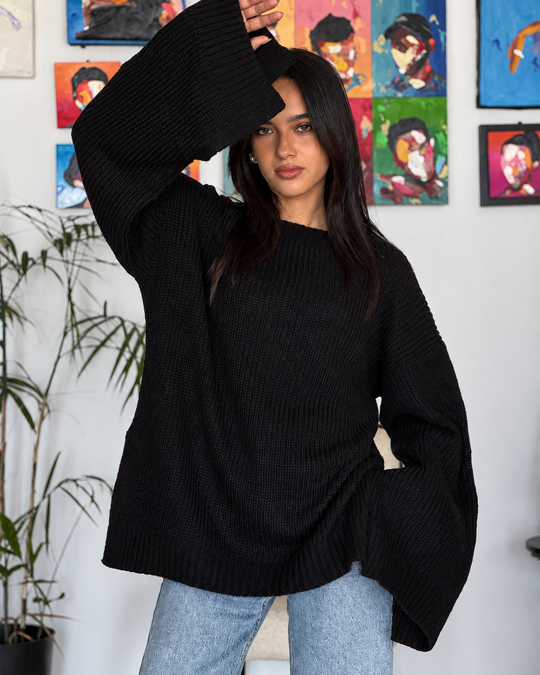 Oversized Ribbed Knit Bell Sleeve Sweater
