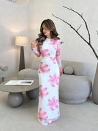 Floral Pleated Long-Sleeve Dress