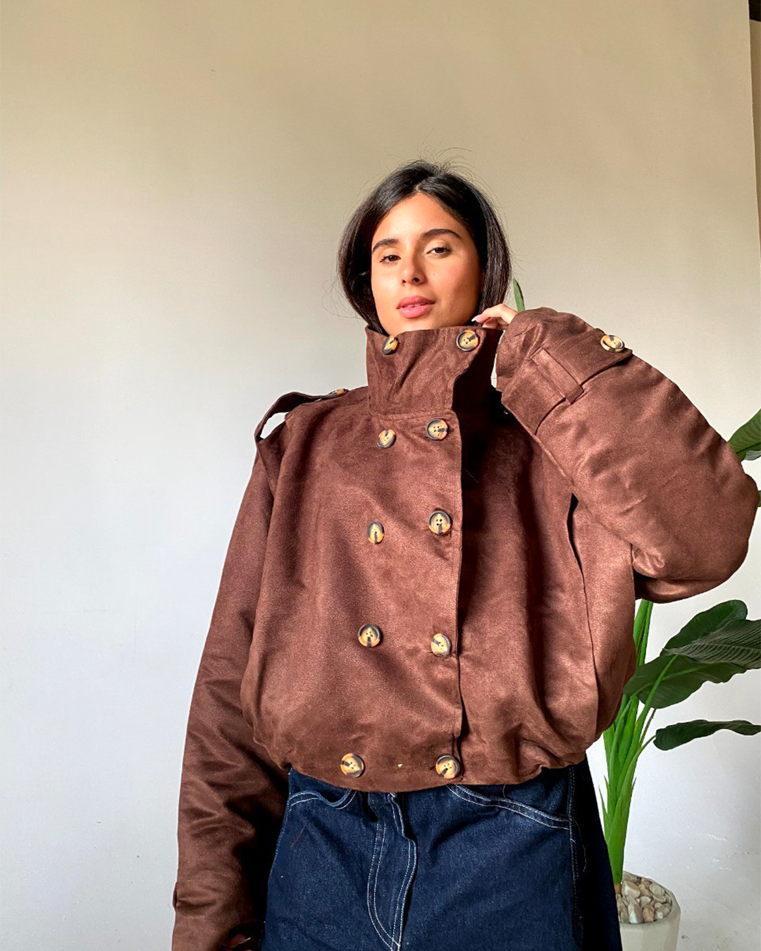 High-Collar Double-Breasted Blouson Jacket