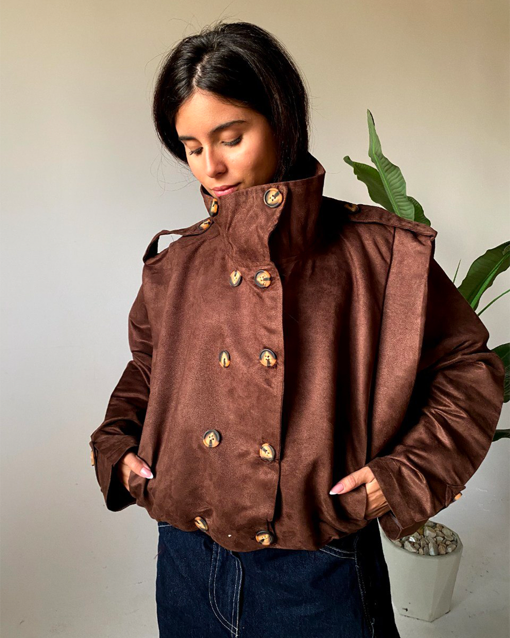 High-Collar Double-Breasted Blouson Jacket