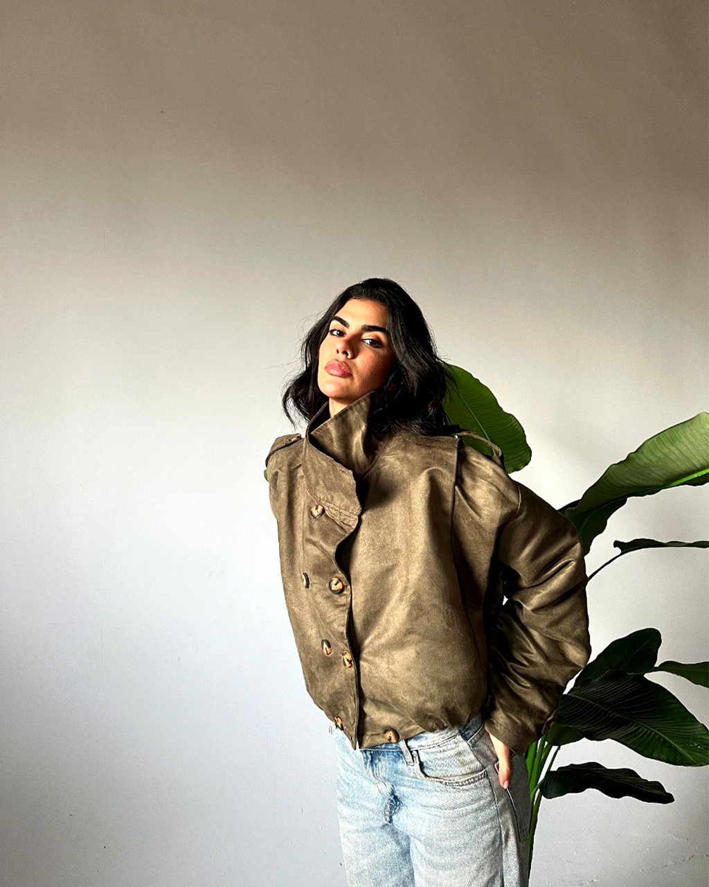High-Collar Double-Breasted Blouson Jacket