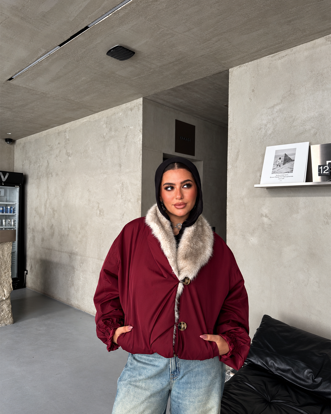 Plush-Collar Cropped Bomber Jacket