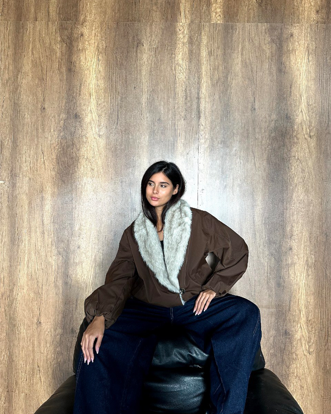 Plush-Collar Cropped Bomber Jacket