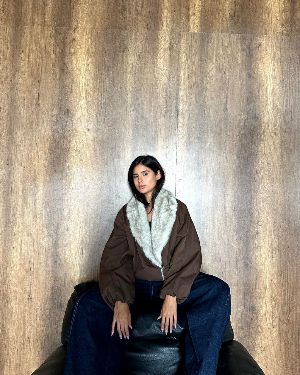 Plush-Collar Cropped Bomber Jacket