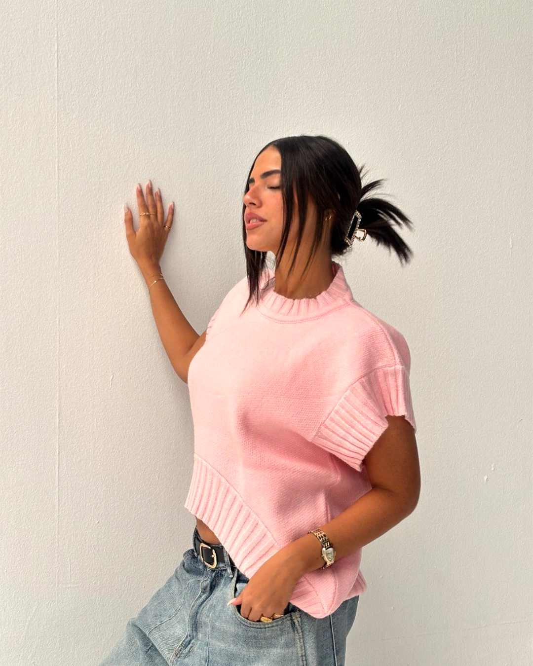 Black Shirt Ribbed Trim Knit