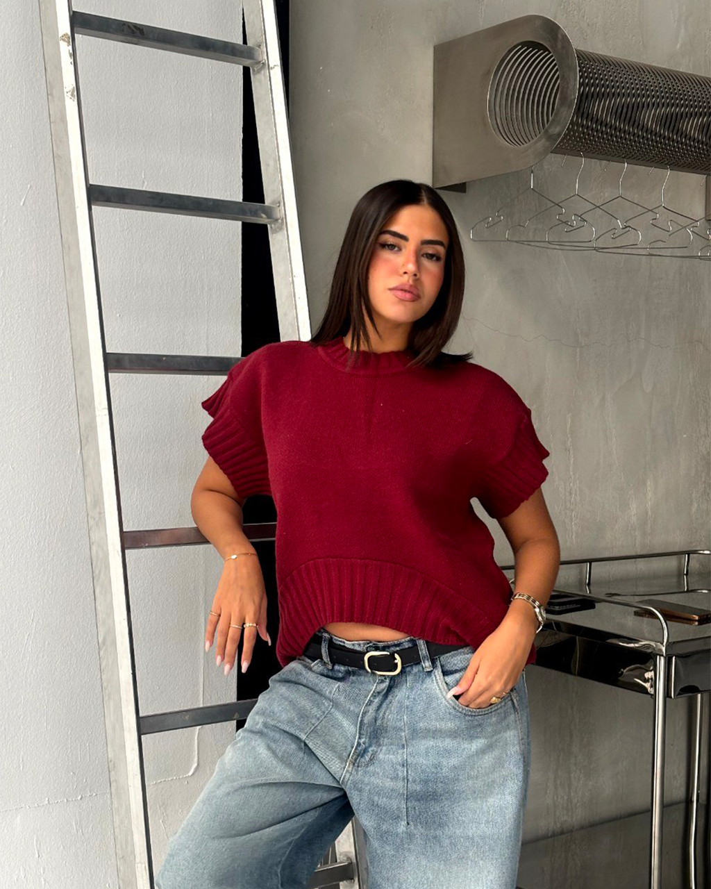 Black Shirt Ribbed Trim Knit