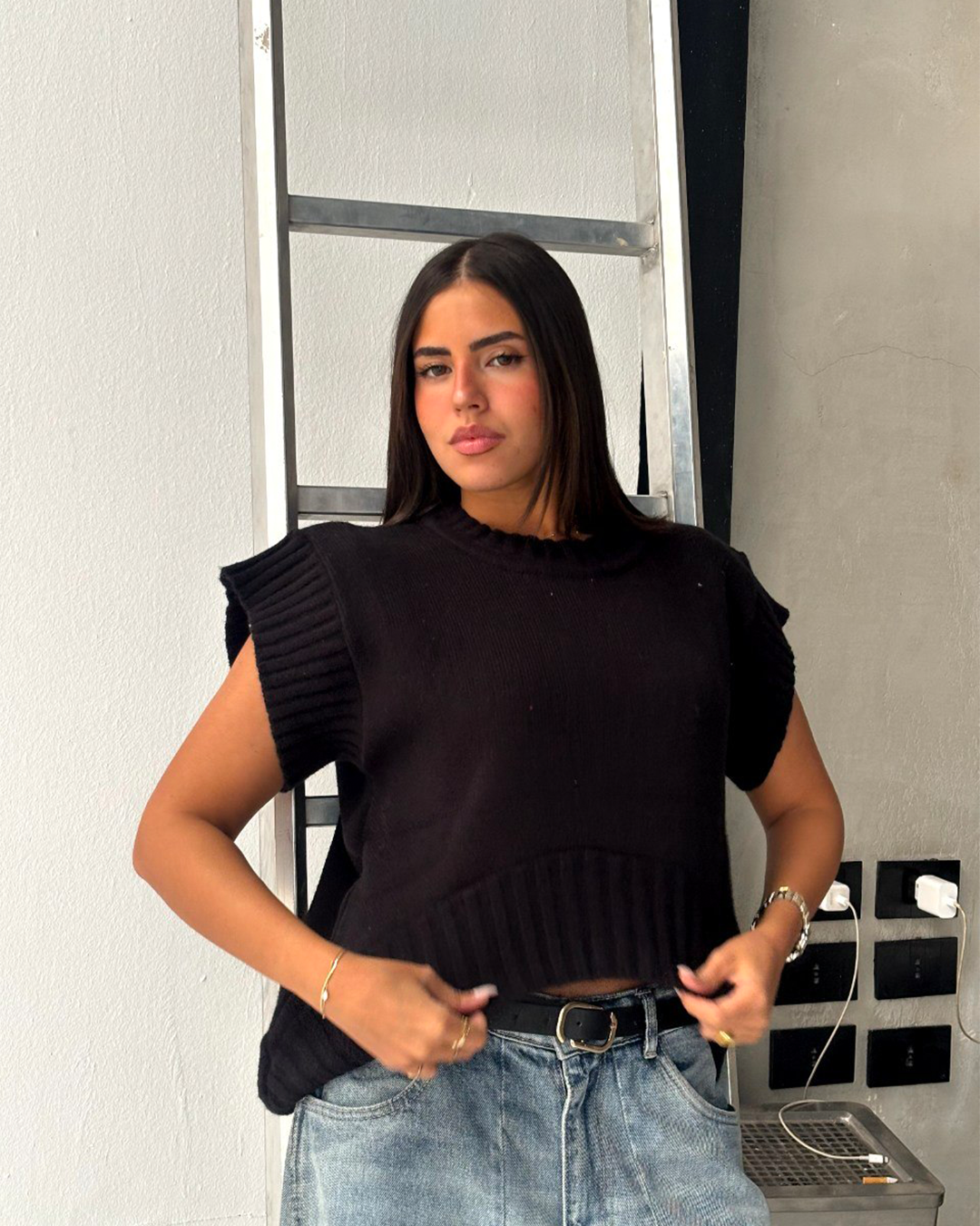 Black Shirt Ribbed Trim Knit