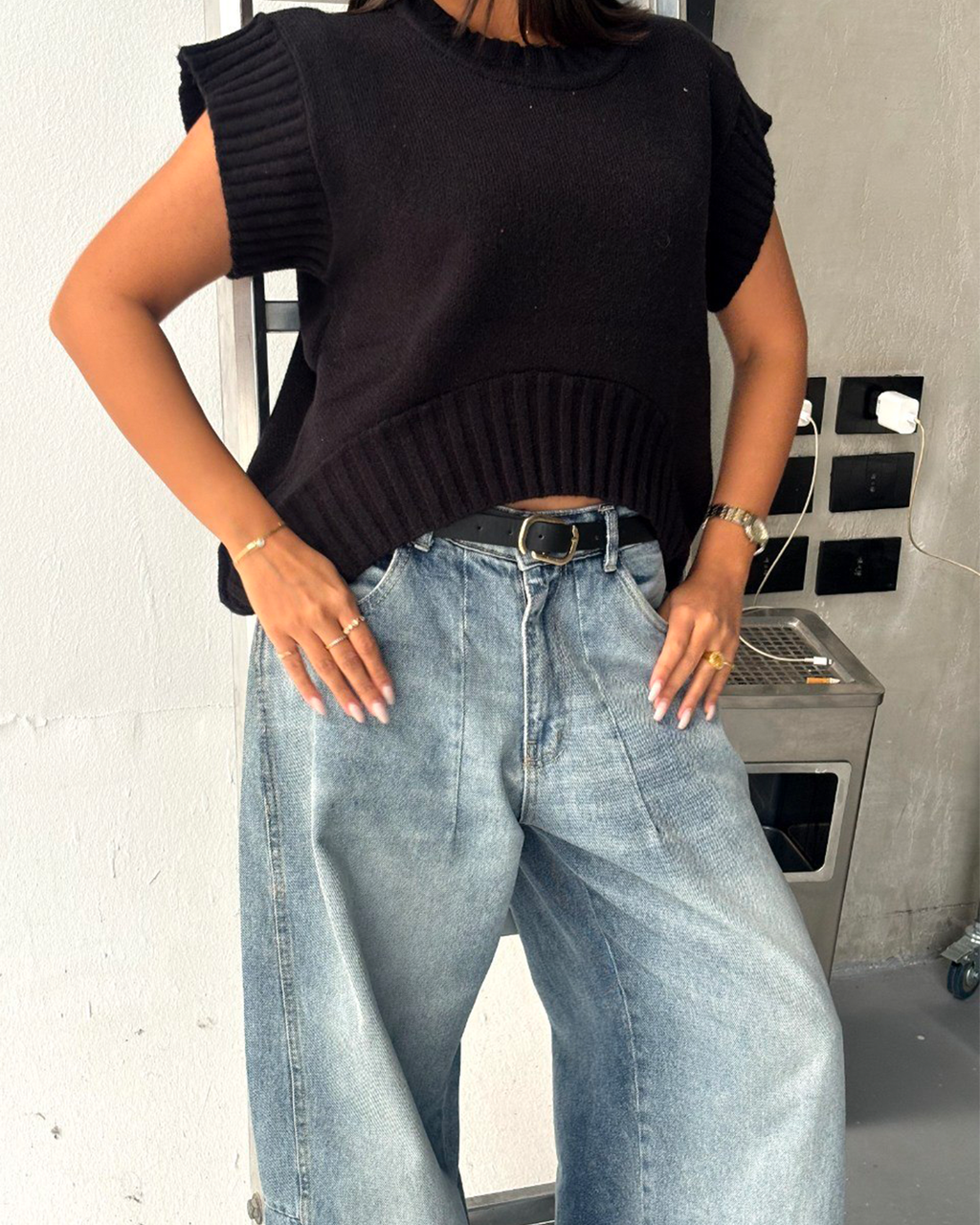 Black Shirt Ribbed Trim Knit