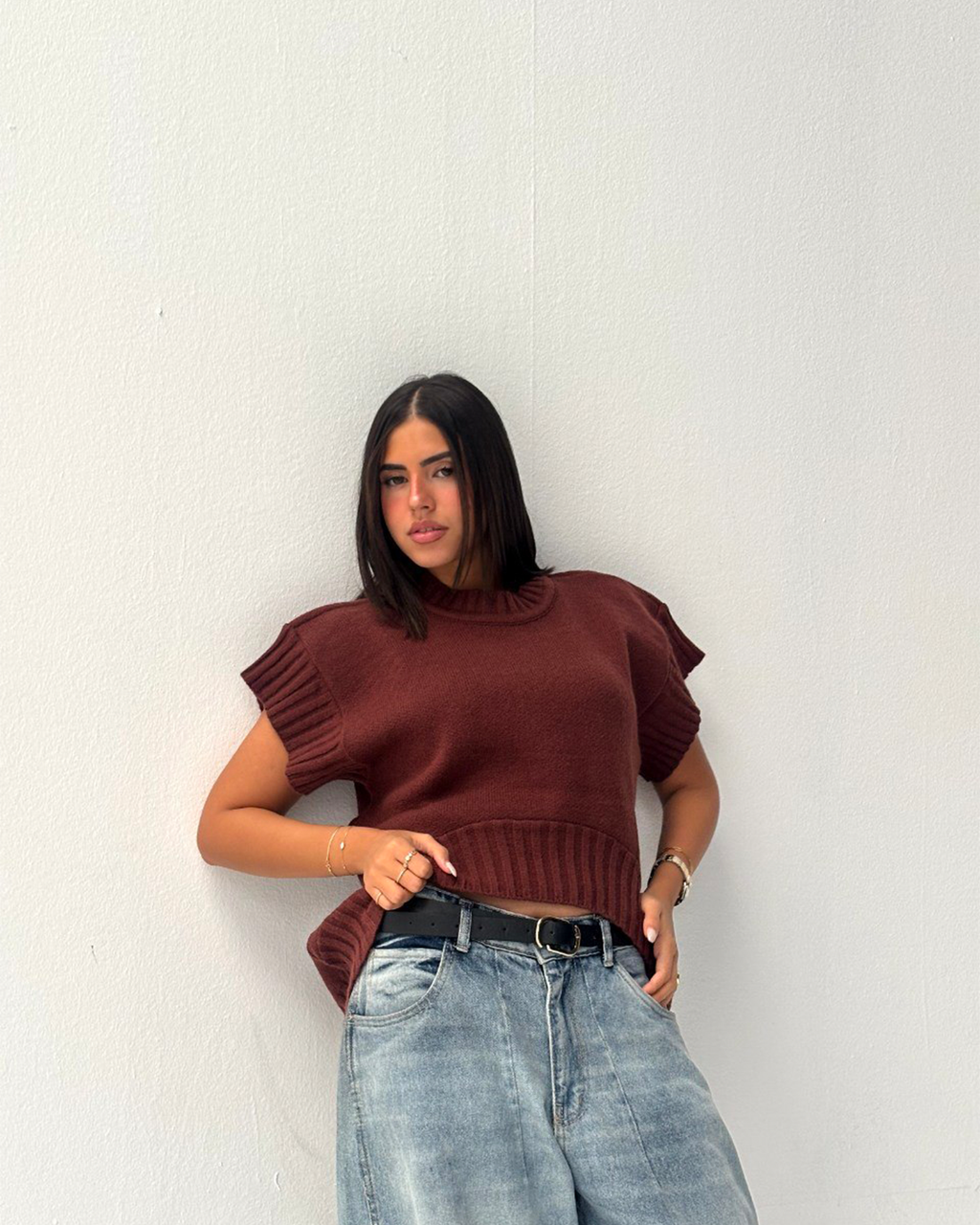 Black Shirt Ribbed Trim Knit