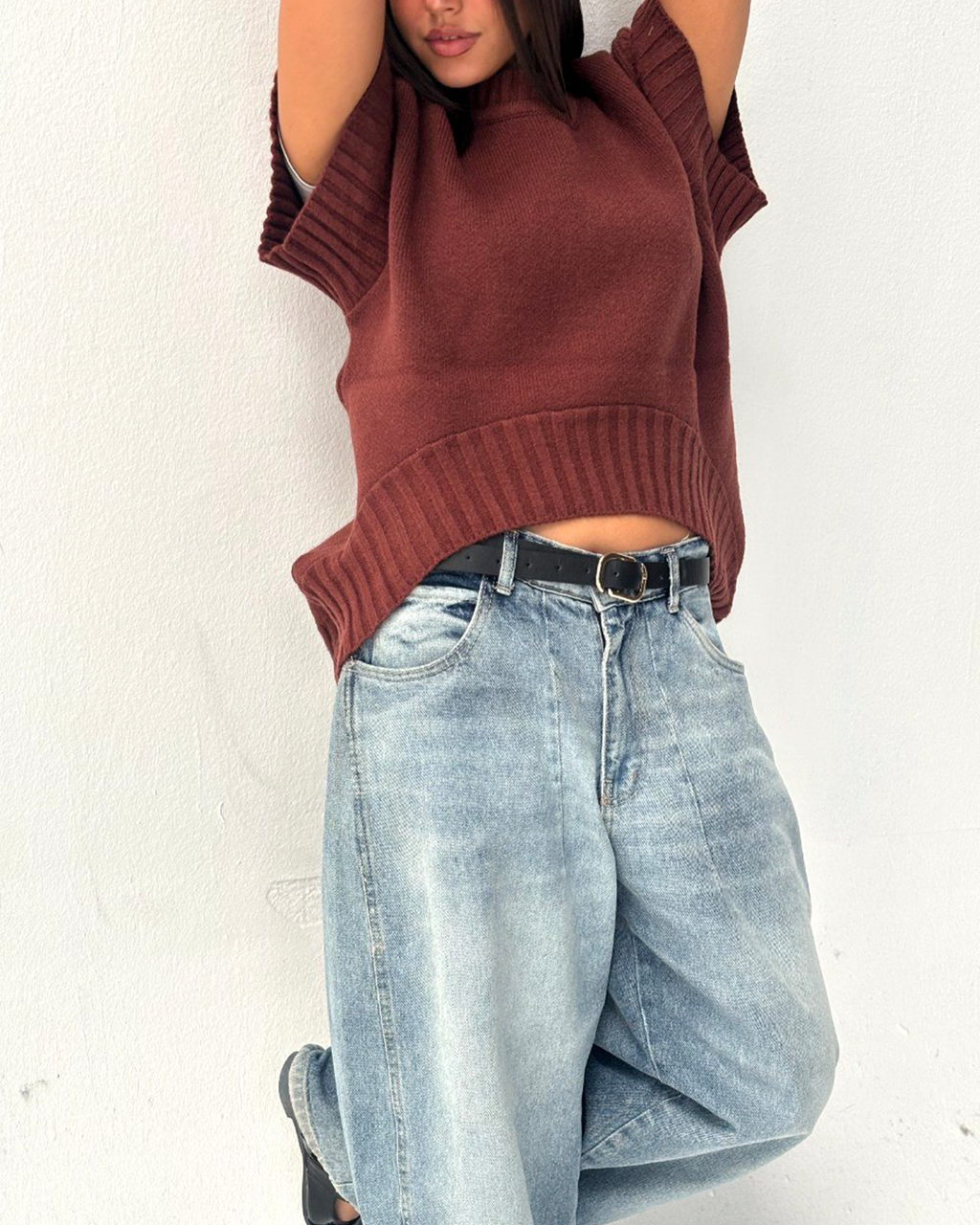 Black Shirt Ribbed Trim Knit