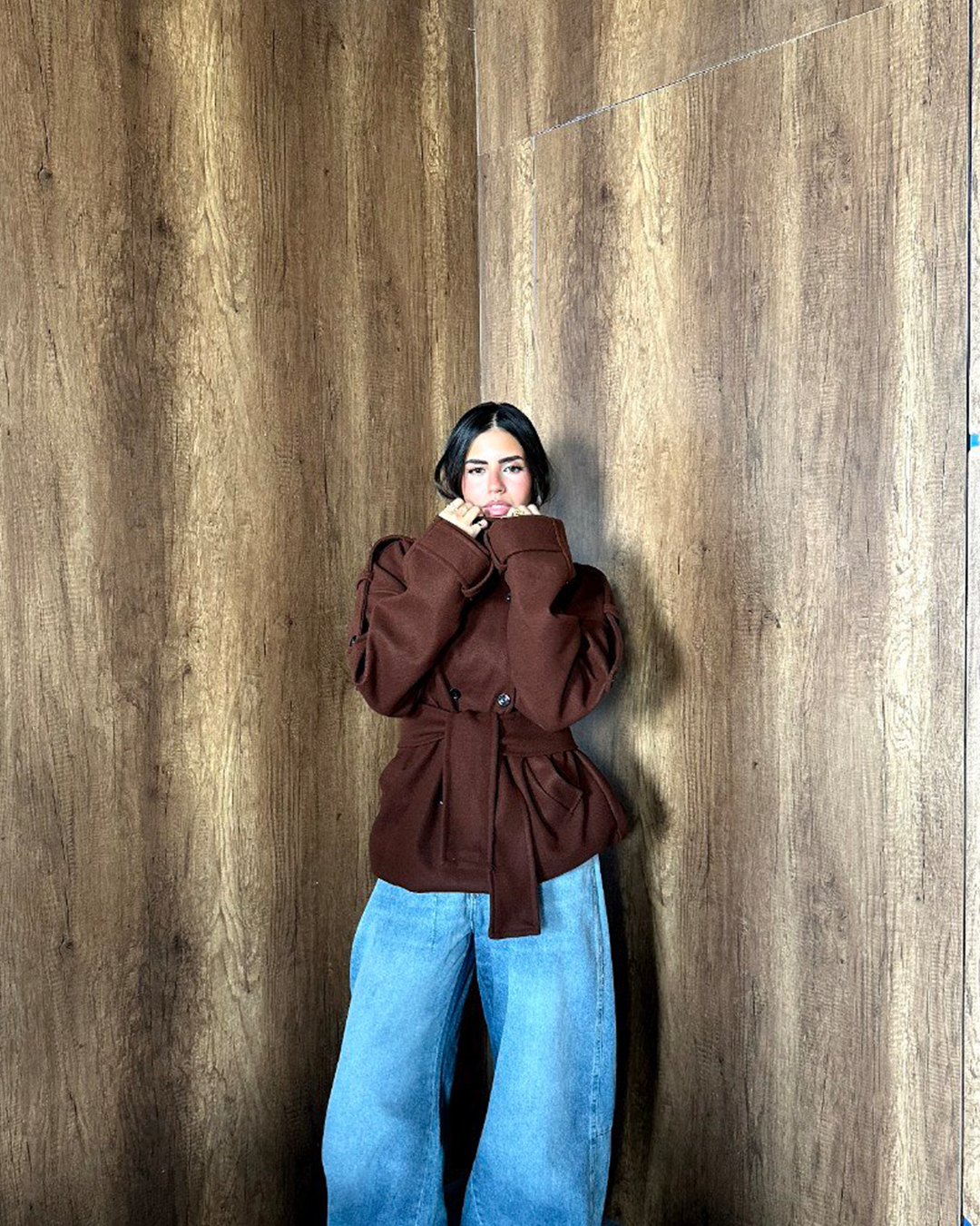 Belted High-Collar Melton Jacket