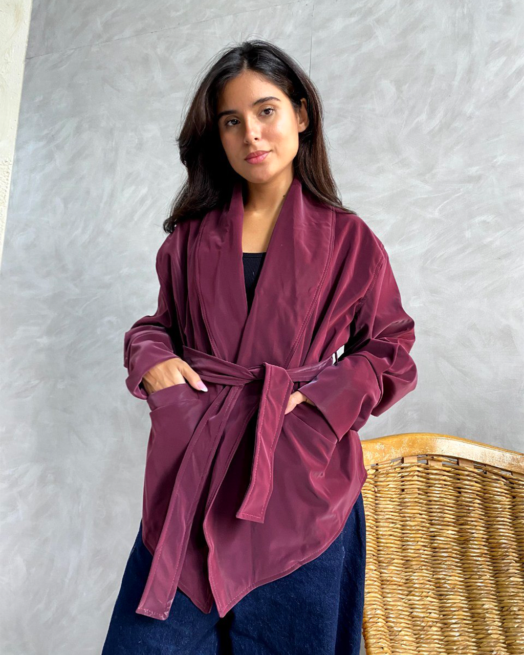 Belted Shawl-Collar Leather Wrap Jacket