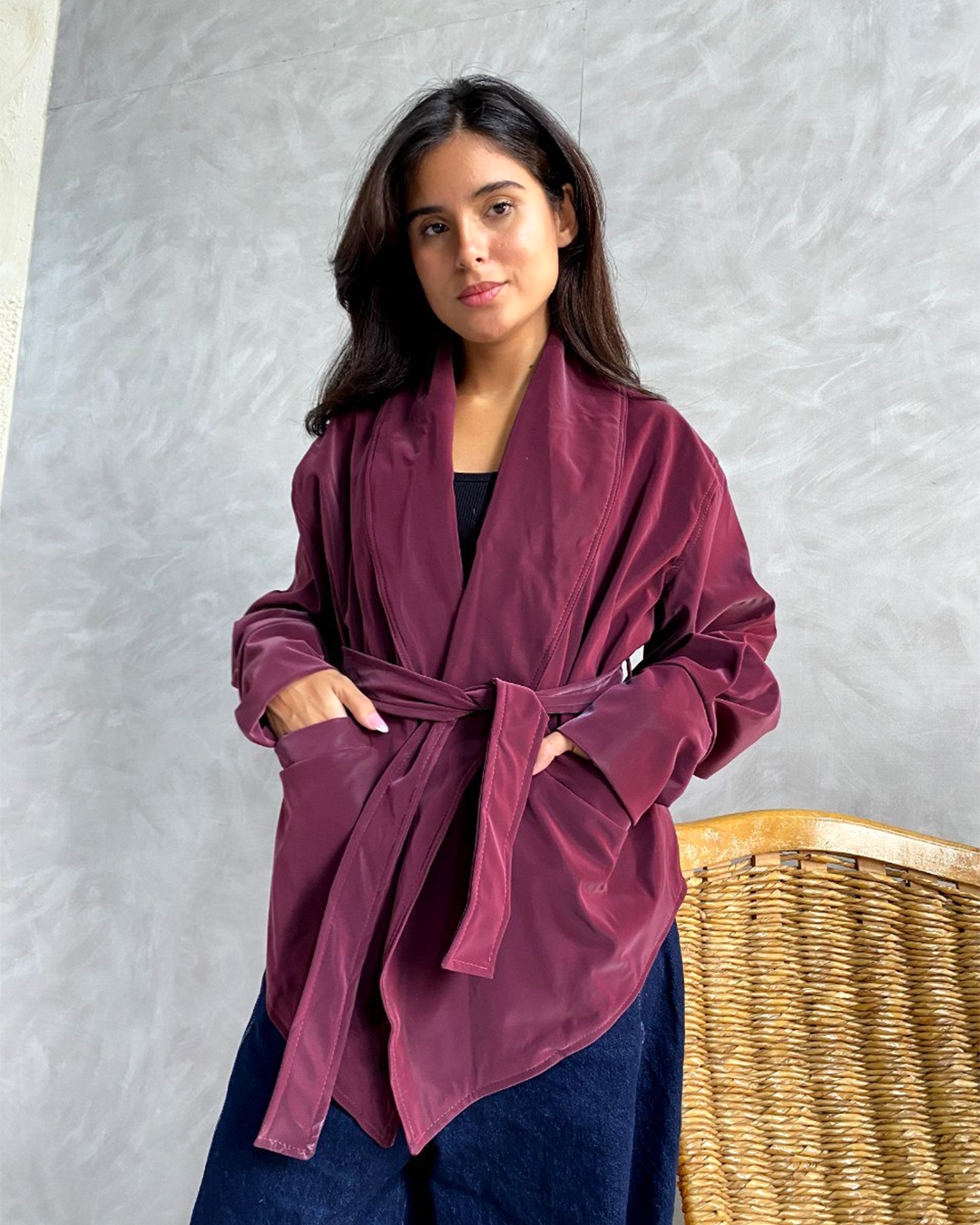 Belted Shawl-Collar Leather Wrap Jacket