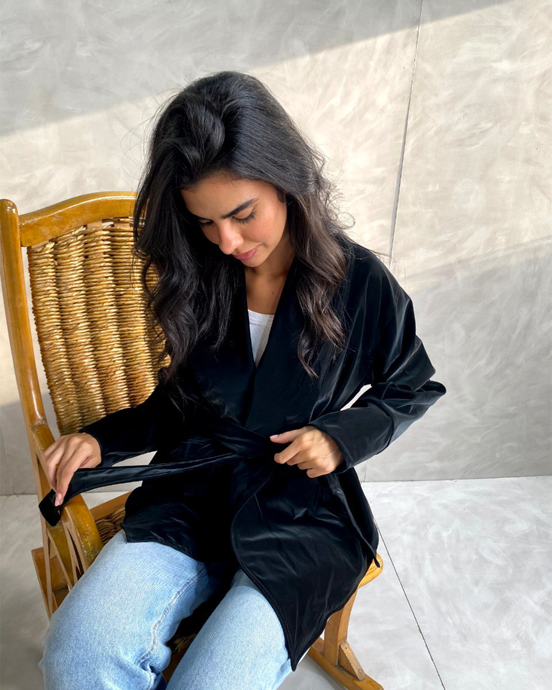 Belted Shawl-Collar Leather Wrap Jacket