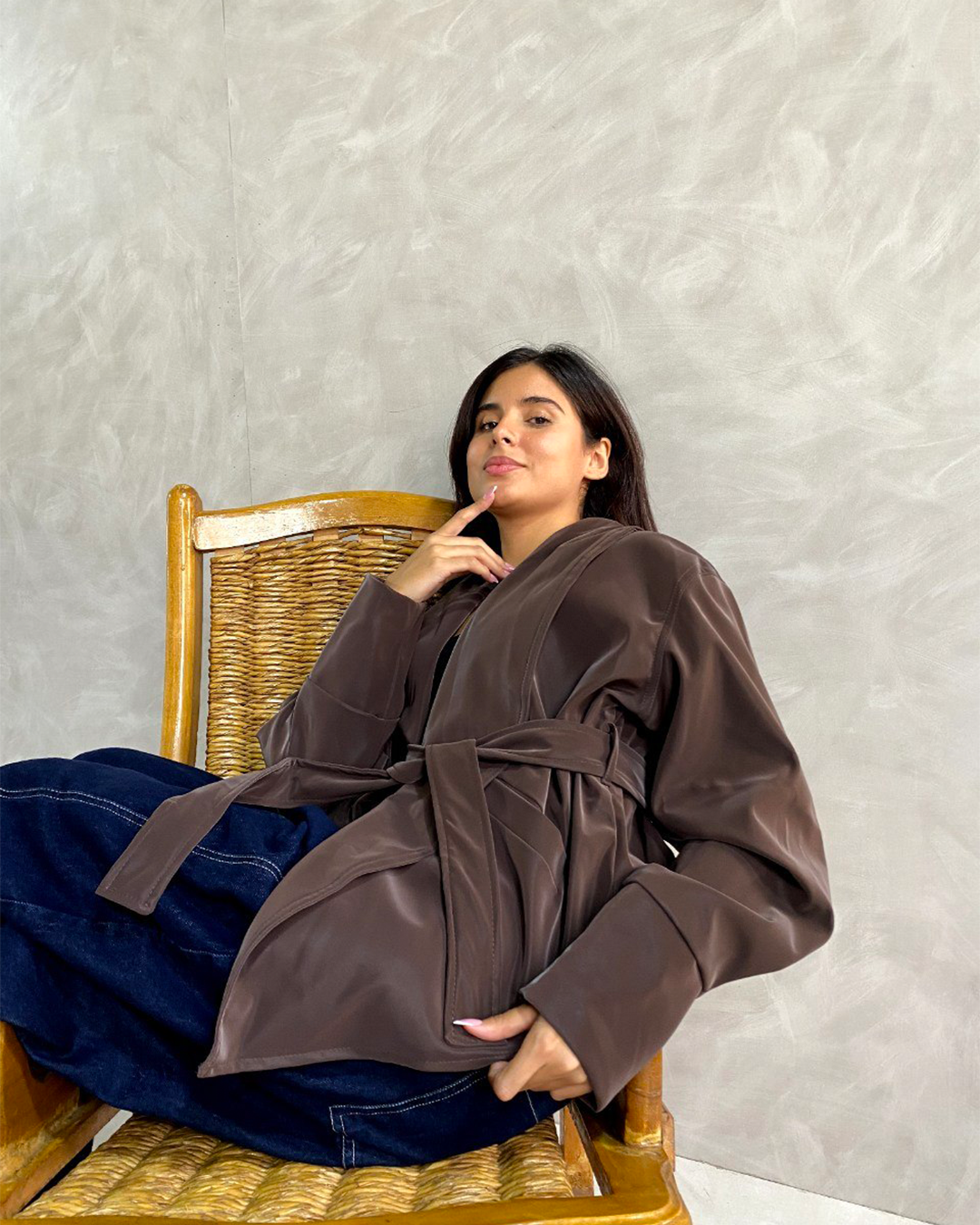 Belted Shawl-Collar Leather Wrap Jacket