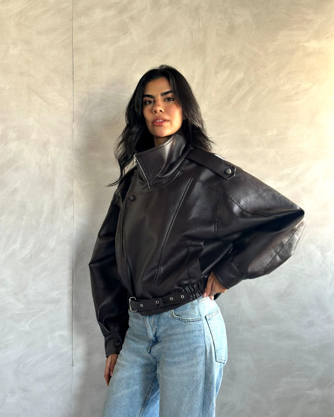Oversized Belted Biker Jacke