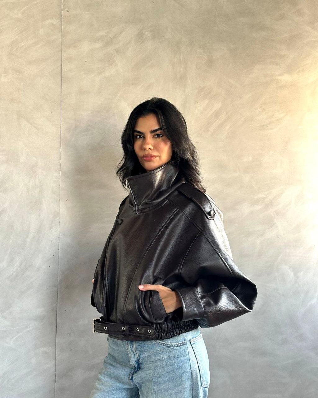 Oversized Belted Biker Jacke