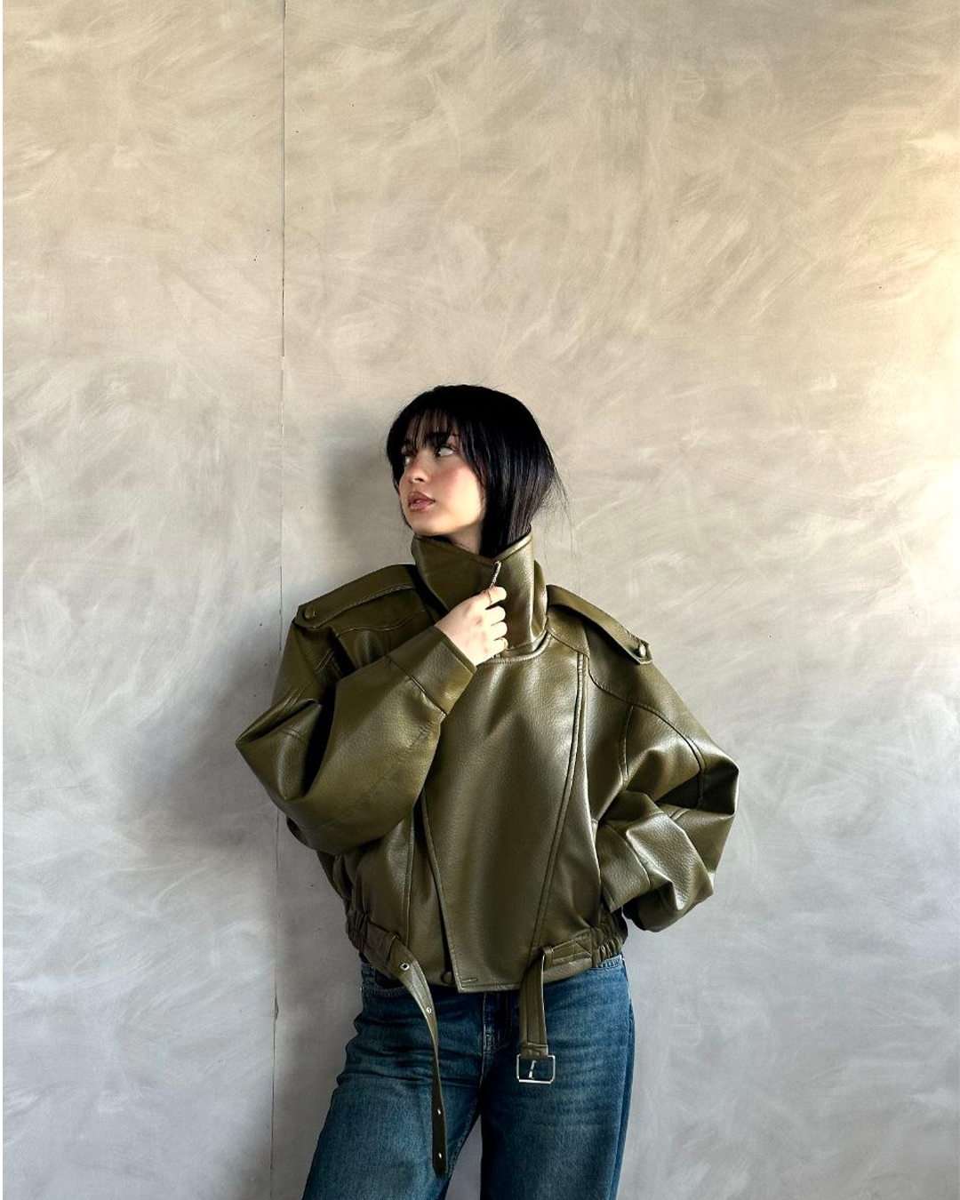 Oversized Belted Biker Jacke