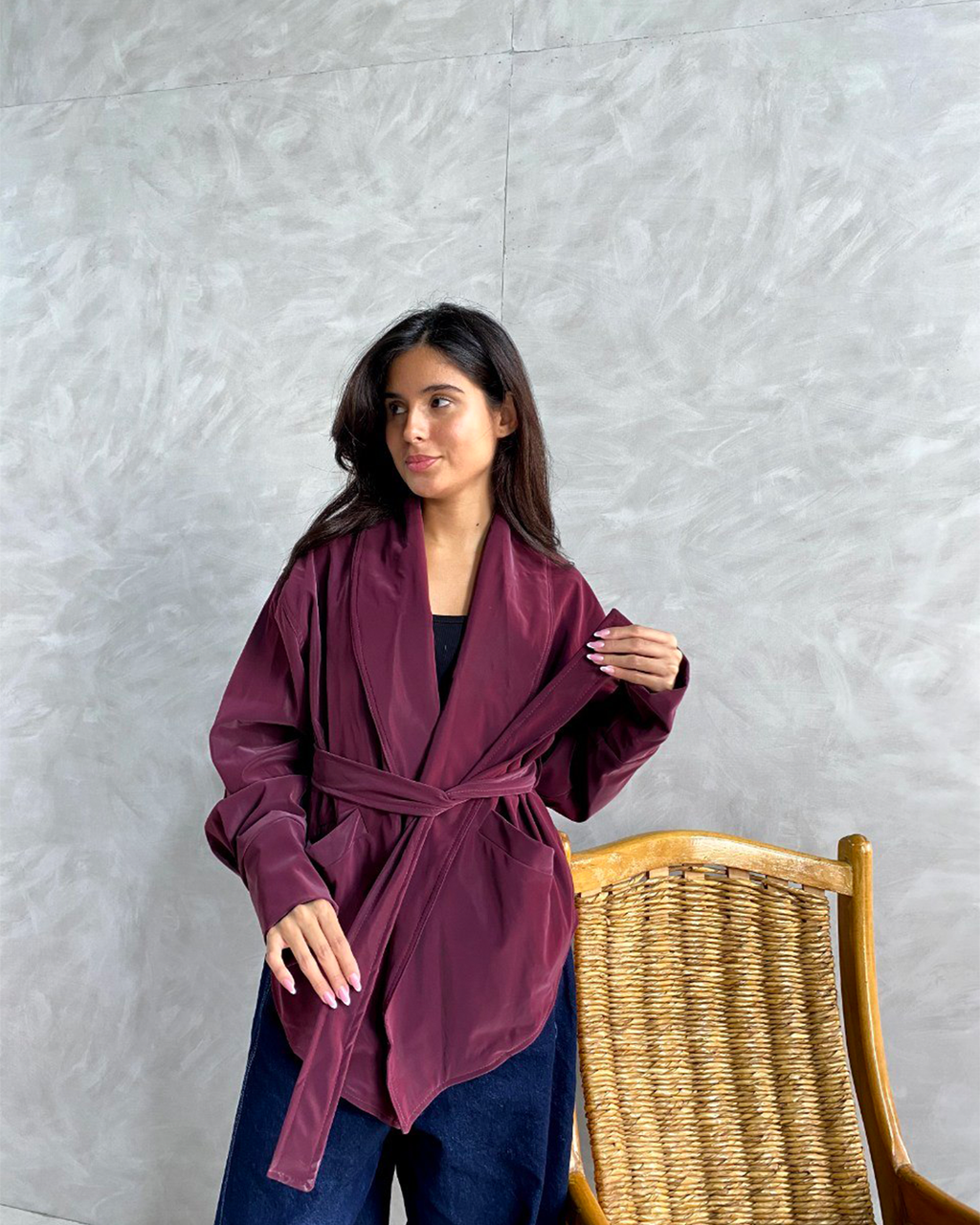 Belted Shawl-Collar Leather Wrap Jacket