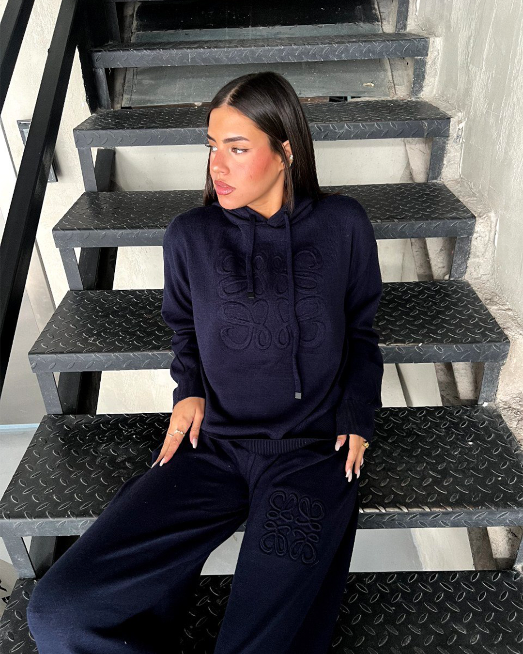 Tonal Embroidered Knit Hoodie &amp; Wide-Leg Set