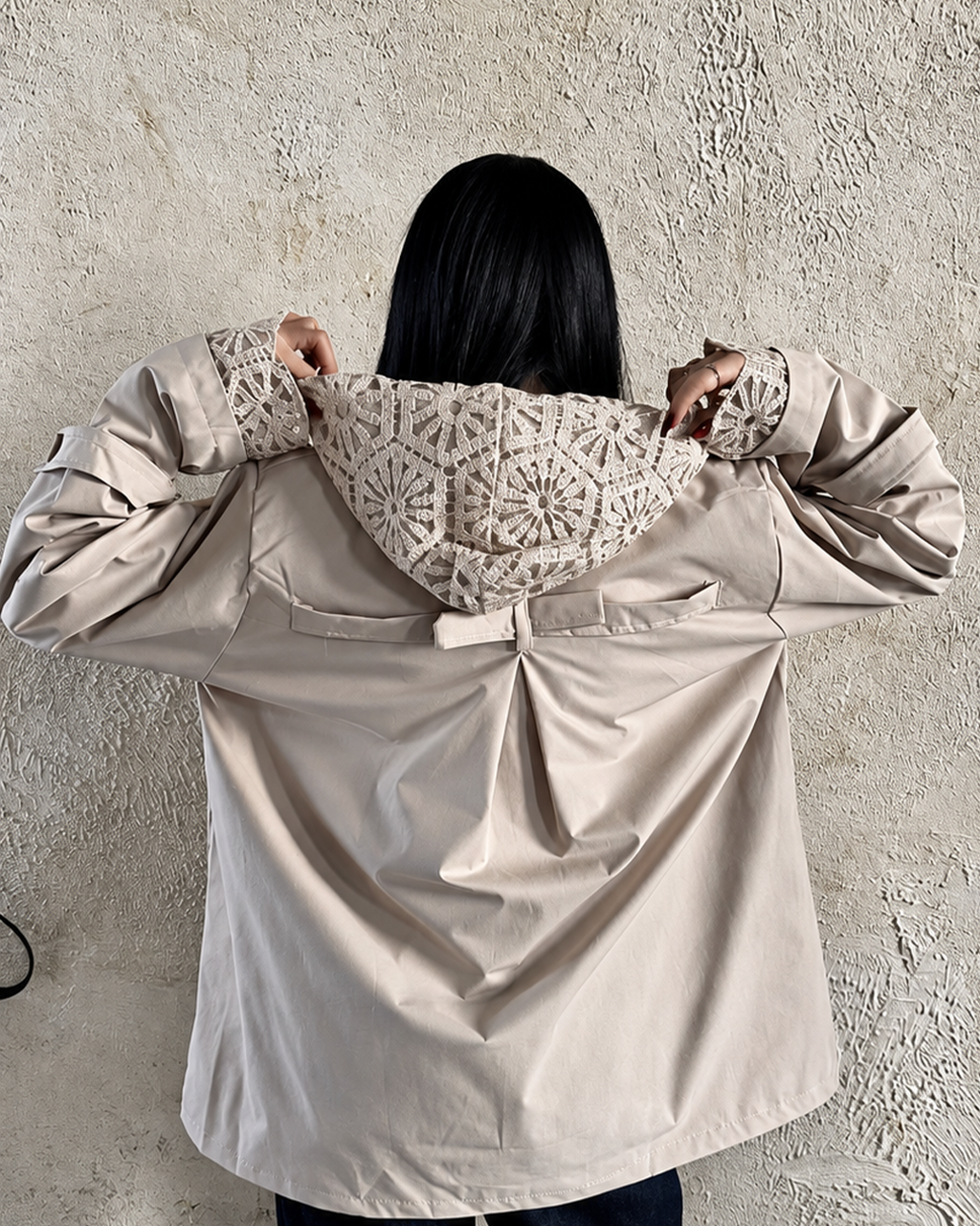 Guipure-Lace Hooded Gabardine Jacket