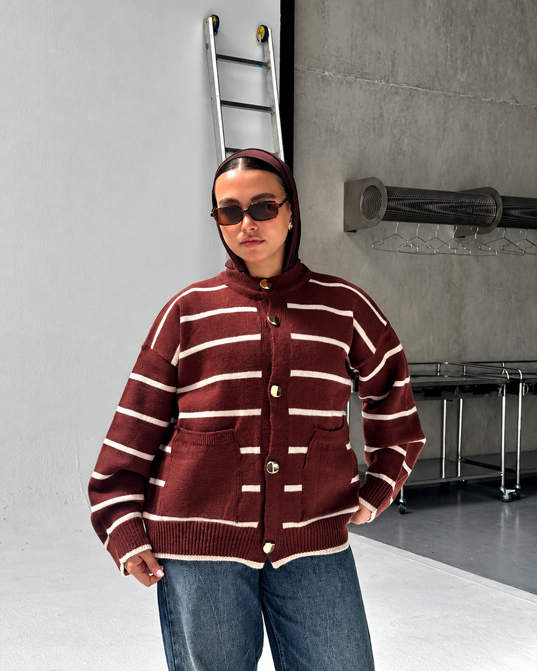 Gold-Button Striped Knit Cardigan