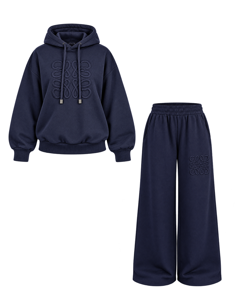 Tonal Embroidered Knit Hoodie &amp; Wide-Leg Set