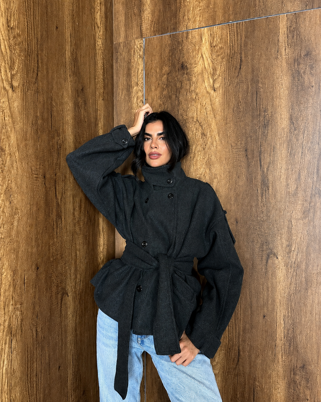 Belted High-Collar Melton Jacket