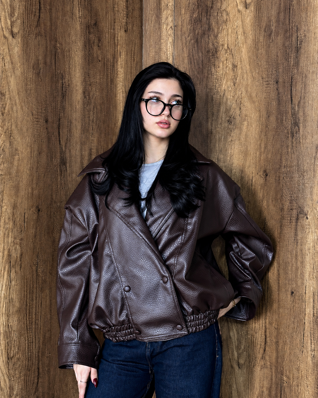 Double-Breasted Leather Bomber Jacket
