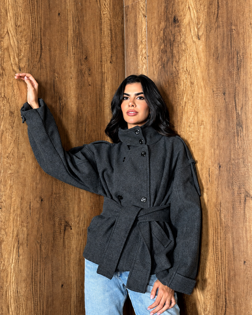 Belted High-Collar Melton Jacket