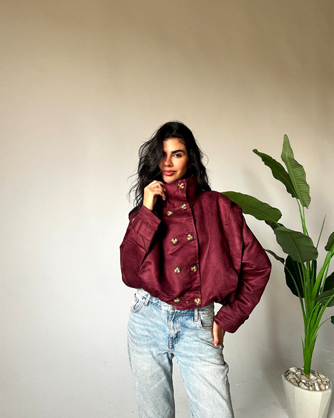 High-Collar Double-Breasted Blouson Jacket
