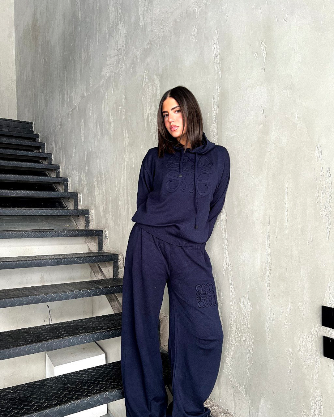 Tonal Embroidered Knit Hoodie &amp; Wide-Leg Set