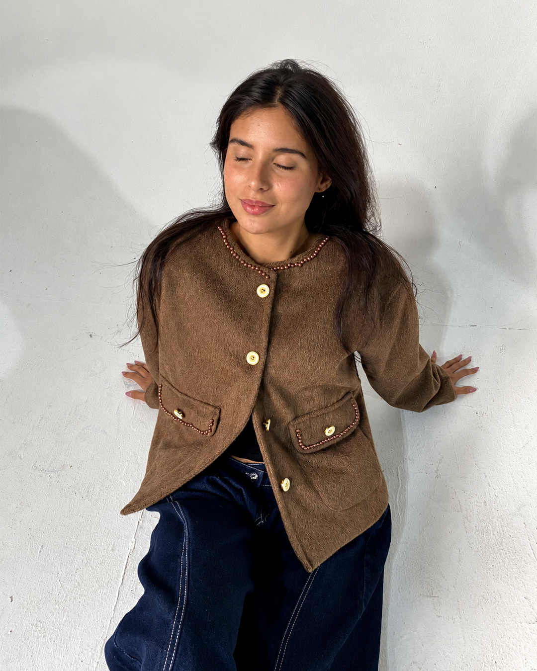 Beaded-Trim Collarless Jacket
