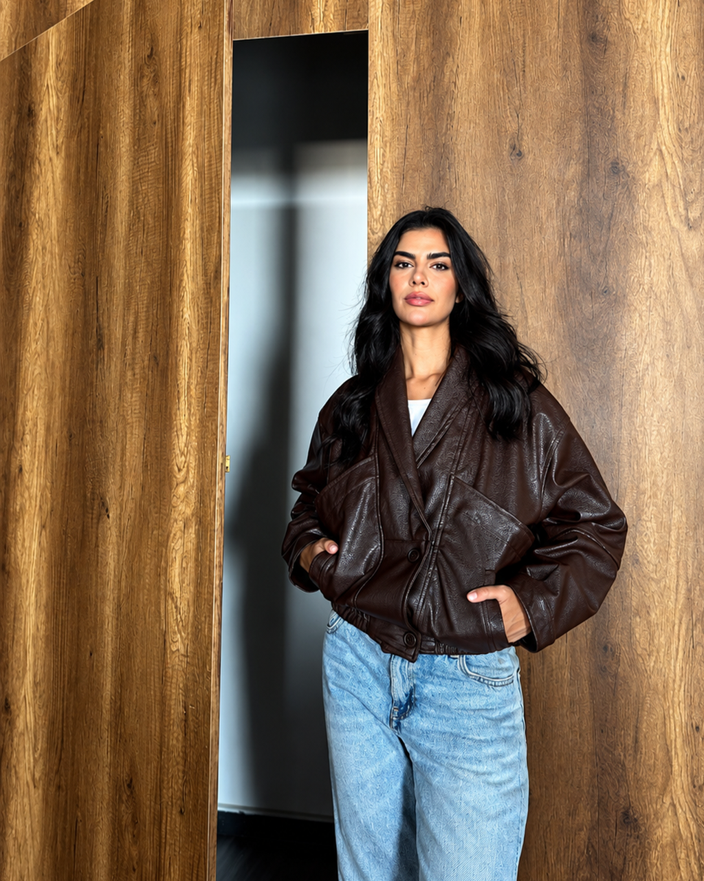 Shawl-Collar Leather Bomber Jacket