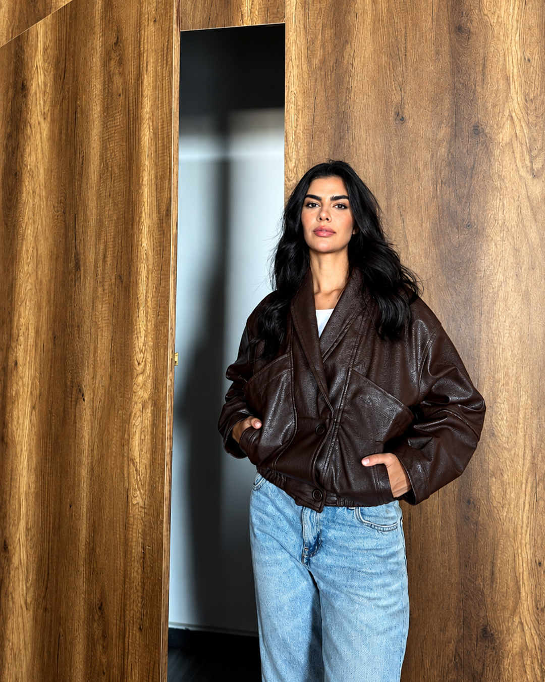 Shawl-Collar Leather Bomber Jacket