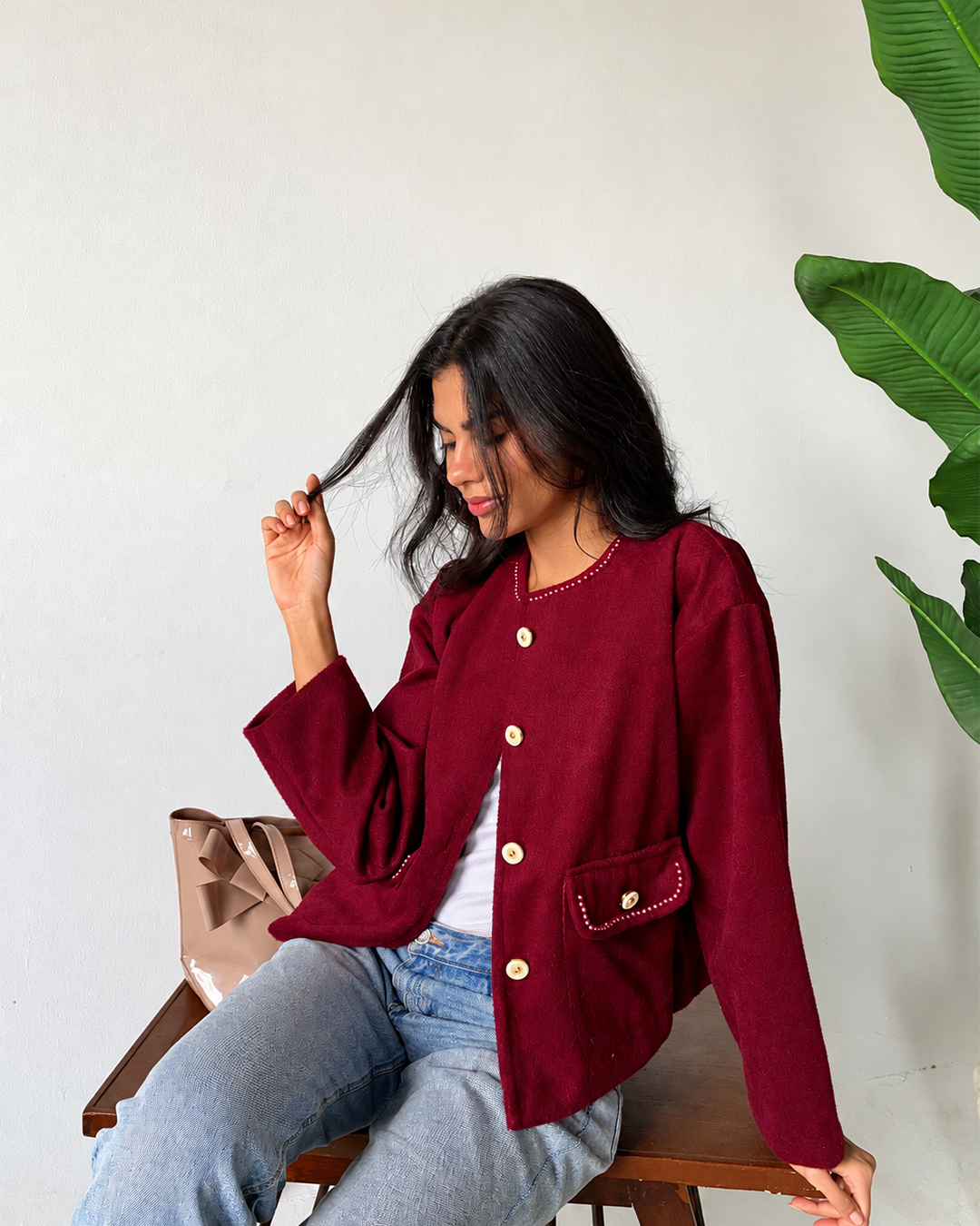 Beaded-Trim Collarless Jacket