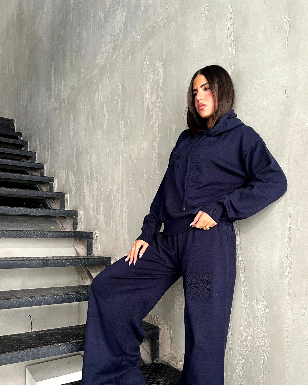 Tonal Embroidered Knit Hoodie &amp; Wide-Leg Set