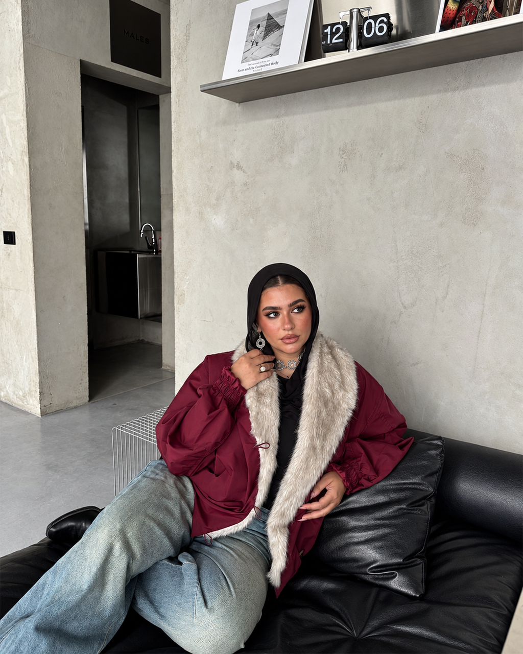 Plush-Collar Cropped Bomber Jacket
