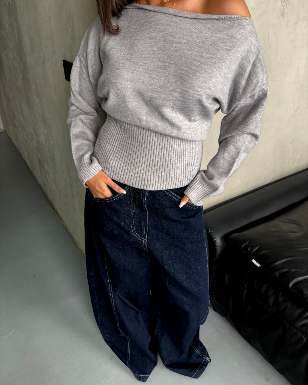 Boat-Neck Ribbed-Waist Sweater
