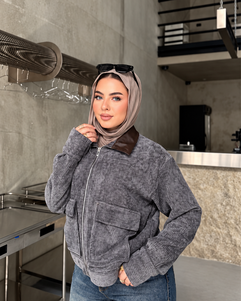 Leather-Collar Velvet Bomber Jacket