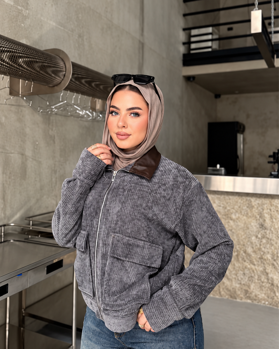 Leather-Collar Velvet Bomber Jacket